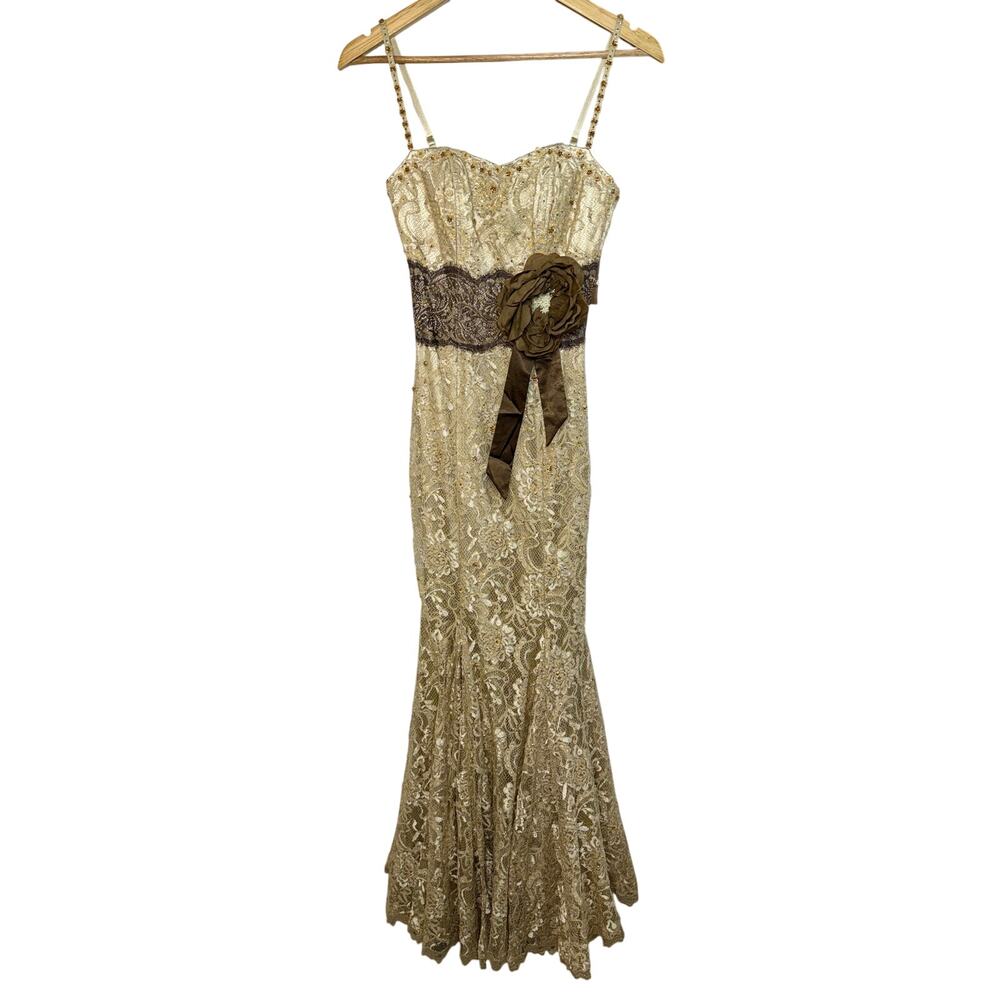 NWT Mandalay Champagne Gold Lace Beaded Sequin Long Mermaid Evening Gown Size 10
